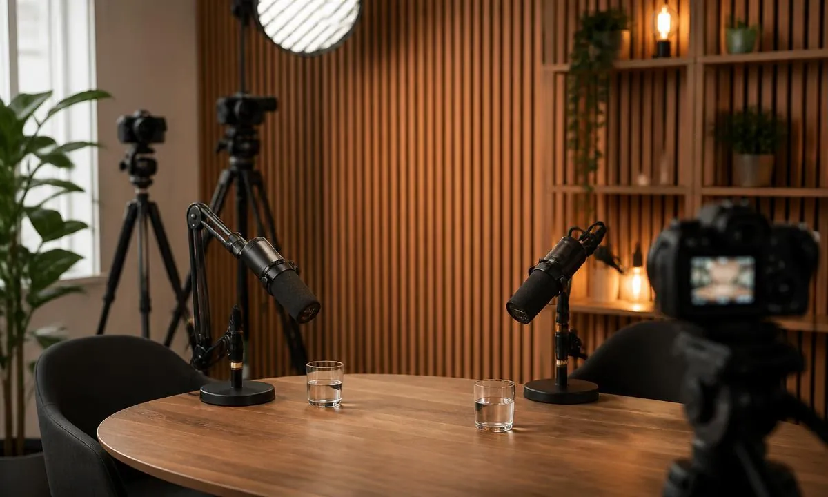 Podcastové stanoviště se dvěma mikrofony a kamerami